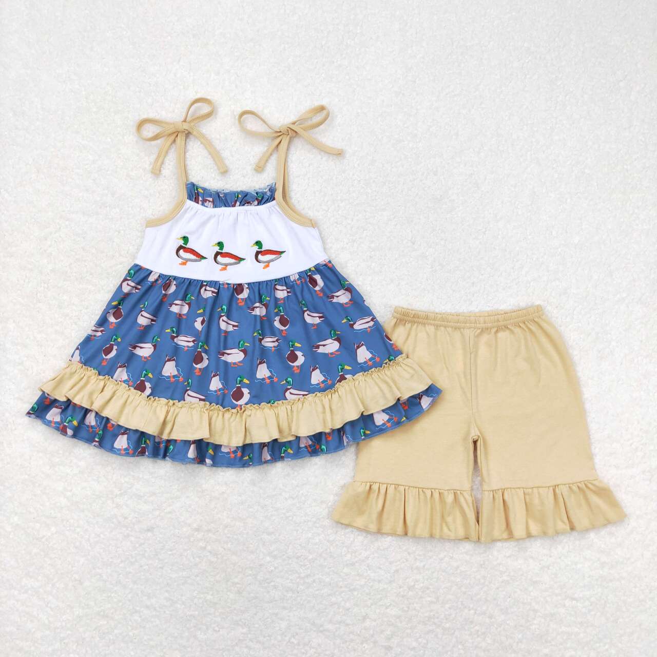 GSSO0697 embroidery Masllard dark blue sleeveless khaki shorts girls set