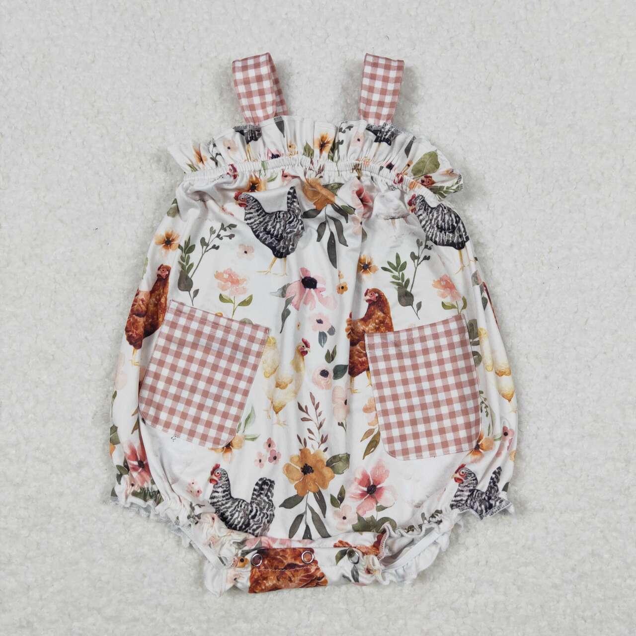 SR1073 Farm cock pink pockets sleeveless girls romper