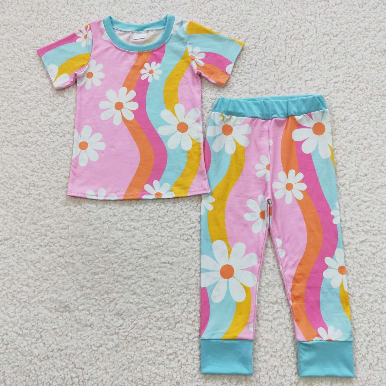 GSPO0720 Daisy Flowers Short Sleeves Colorful Striped Pants Girls Set