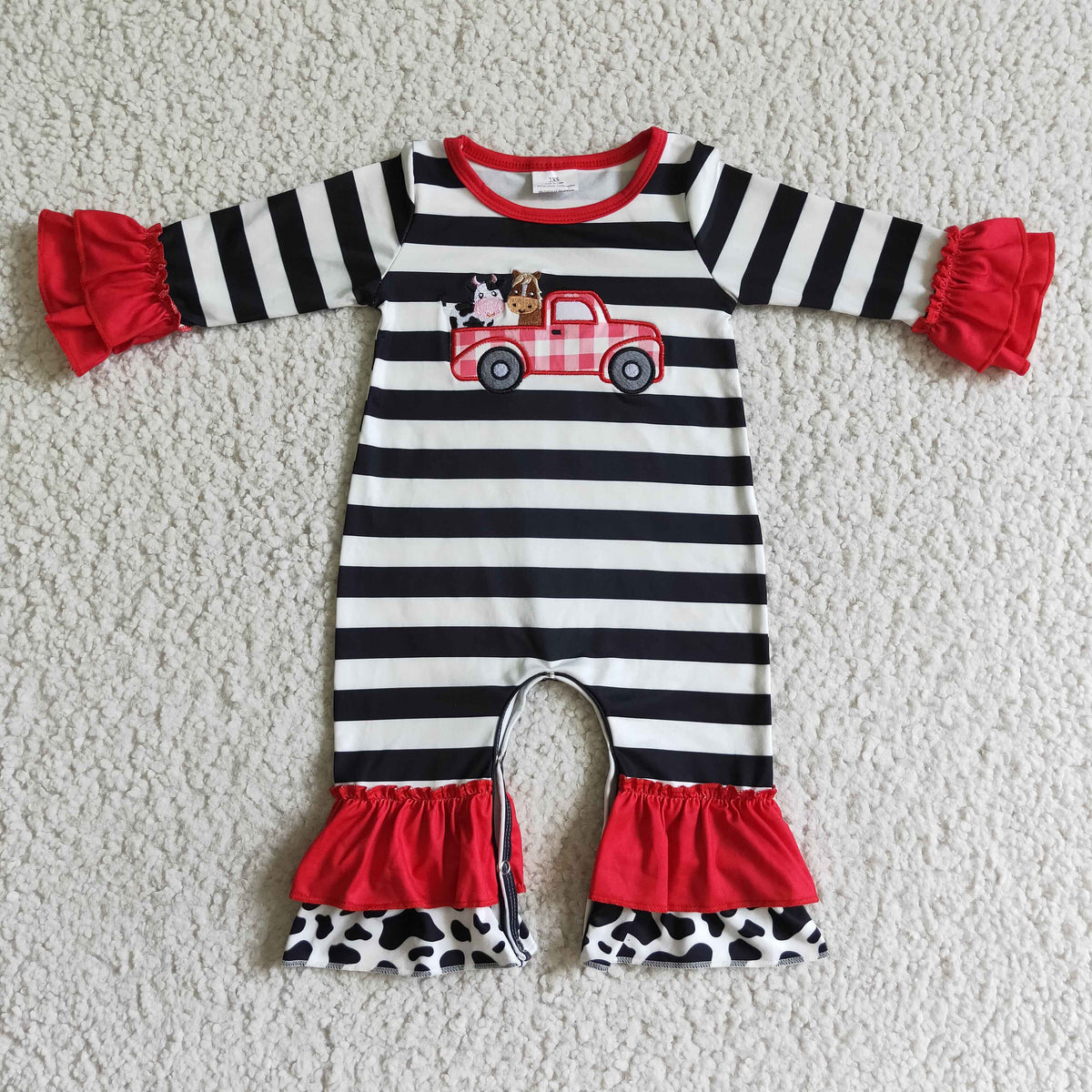 LR0015 Embroidery Farm Cow Horse Truck Striped Girls Romper