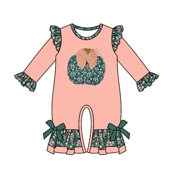 preorder LR0365 Pumpkin Green Flowers Pink Long Sleeves Girls Romper
