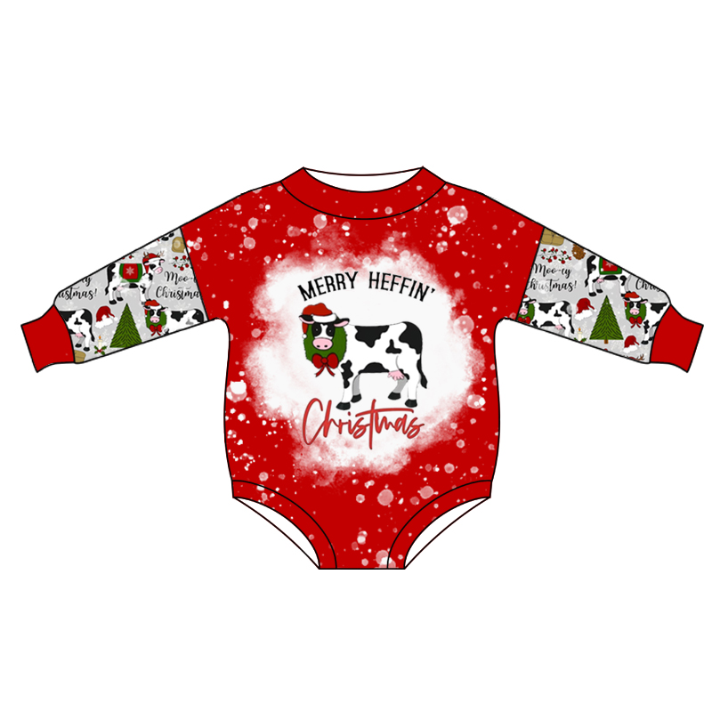 pre order LR0375 Heffin Christmas Tree Cow Red Long Sleeves Kids Romper