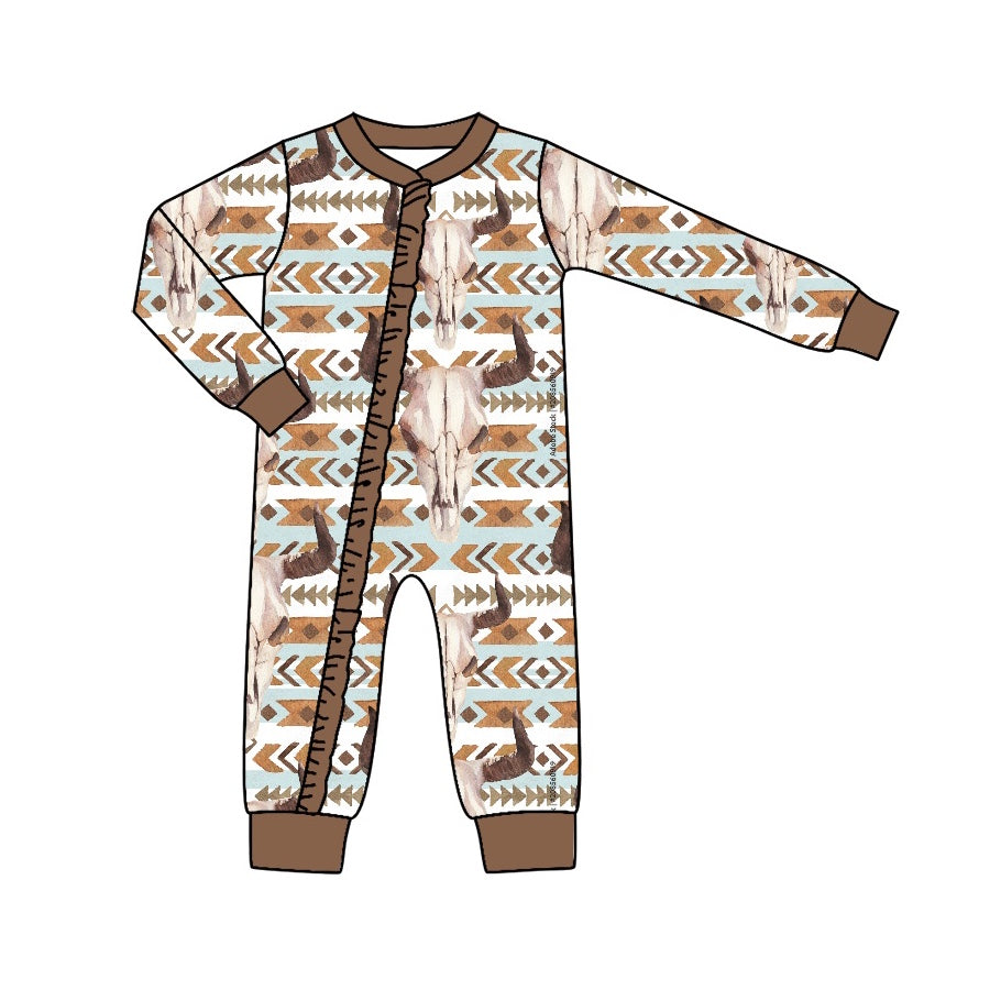 preorder LR0673 Western cow aztec long sleeve girls romper