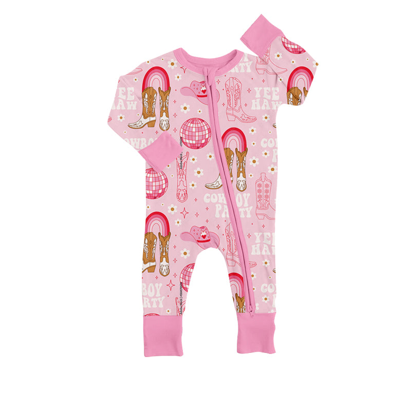preorder LR0767 Western cowboy boot hat light pink long sleeve girls romper