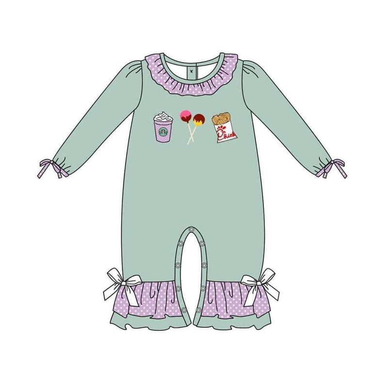 preorder LR0799 Coffee candy fried chicken green long sleeve girls romper