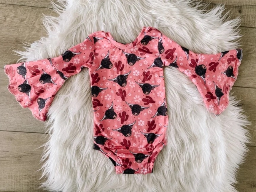 preorder LR0840 Western highland cow cactus hot pink long sleeve girls romper