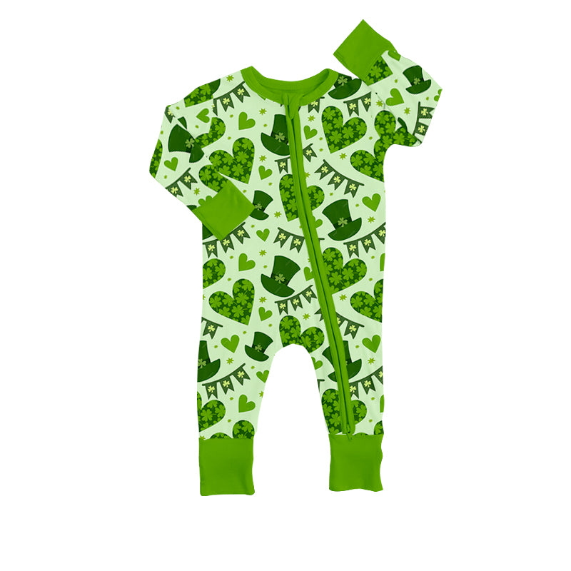 preorder LR0889 Saint Patrick Clover Heart Green Long Sleeve Zipper Kids Romper