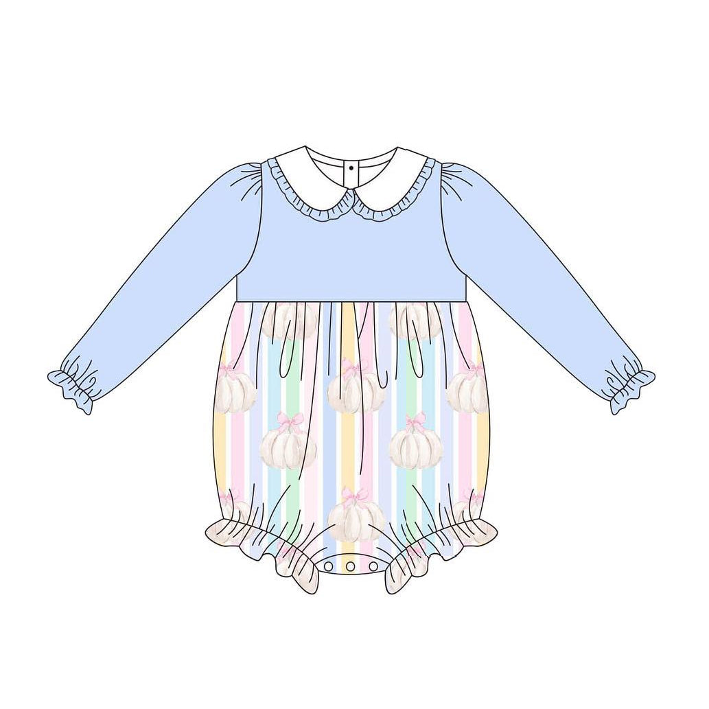 preorder LR0942 Autumn full pumpkin blue long sleeve rainbow striped girls romper