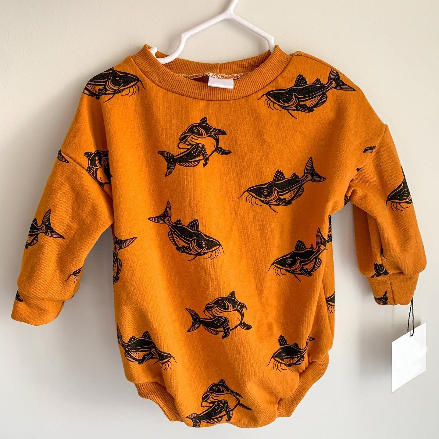 preorder LR0944 cute cartoon shark orange long sleeve girls romper