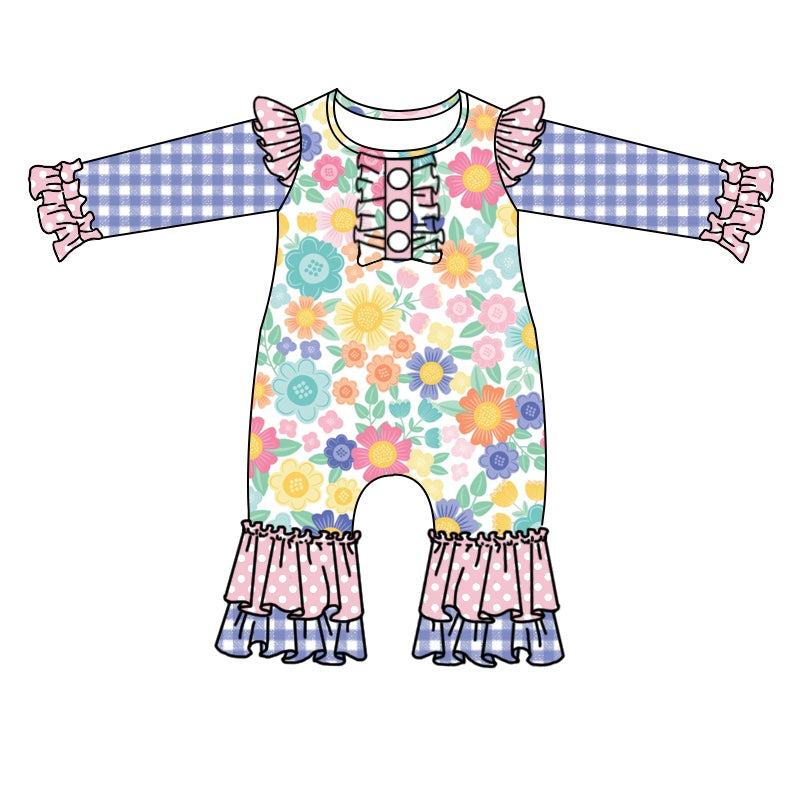 preorder LR1005 colorful flowers purple checkered long sleeve girls romper