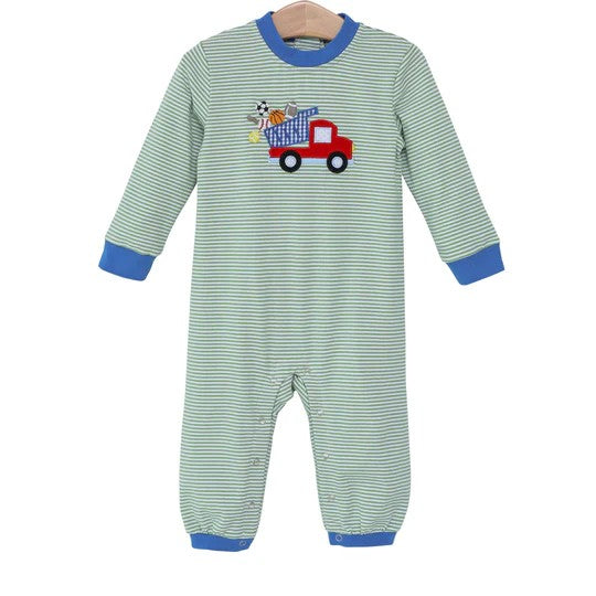 preorder LR1008 cute balls truck green striped long sleeve boys romper