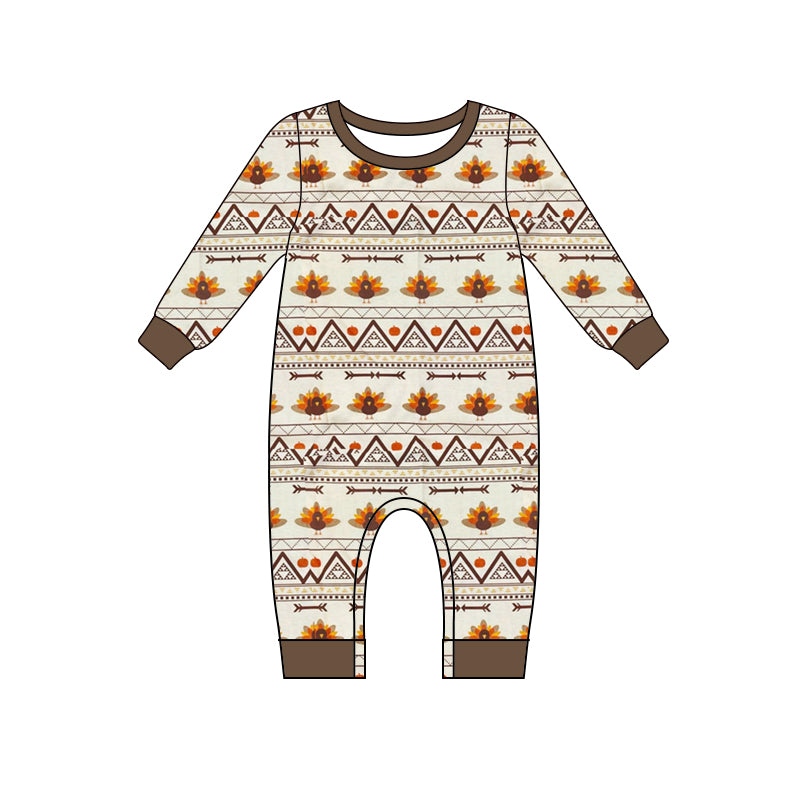 preorder LR1011 Thanksgiving turkey pumpkin long sleeve brown boys romper