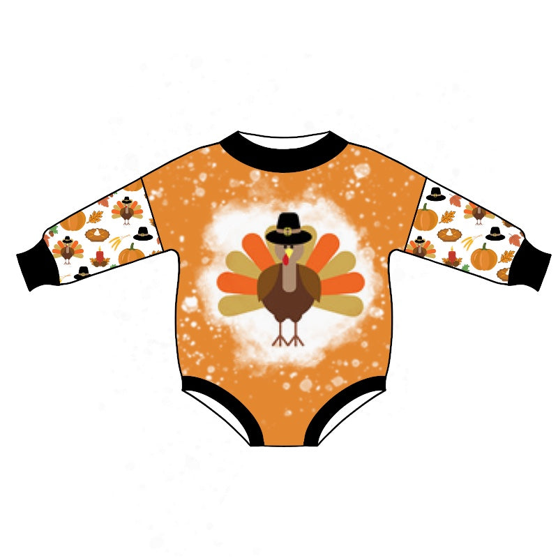 preorder LR1017 Thanksgiving turkey pumpkin long sleeve girls romper
