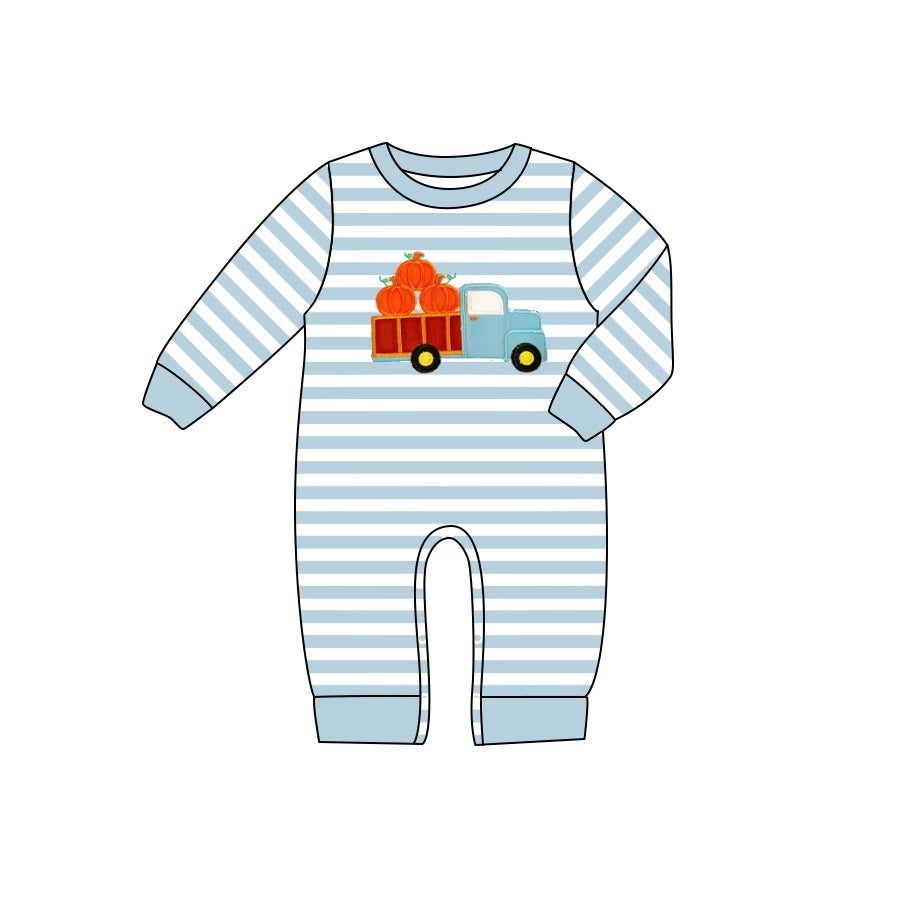 preorder LR1023 Autumn full pumpkin truck blue striped long sleeve boys romper