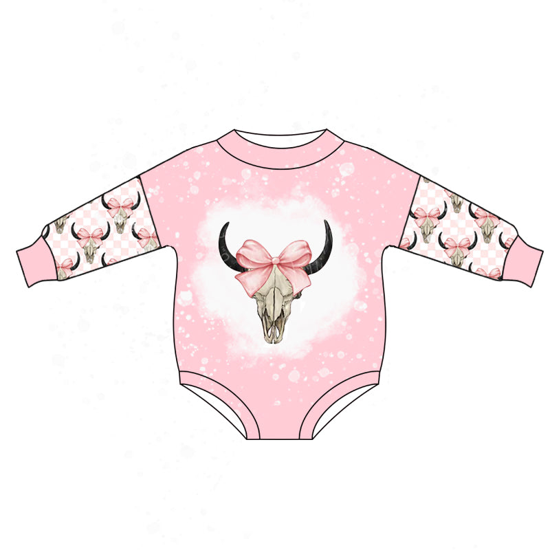 preorder LR1034 pink bow cow long sleeve girls romper