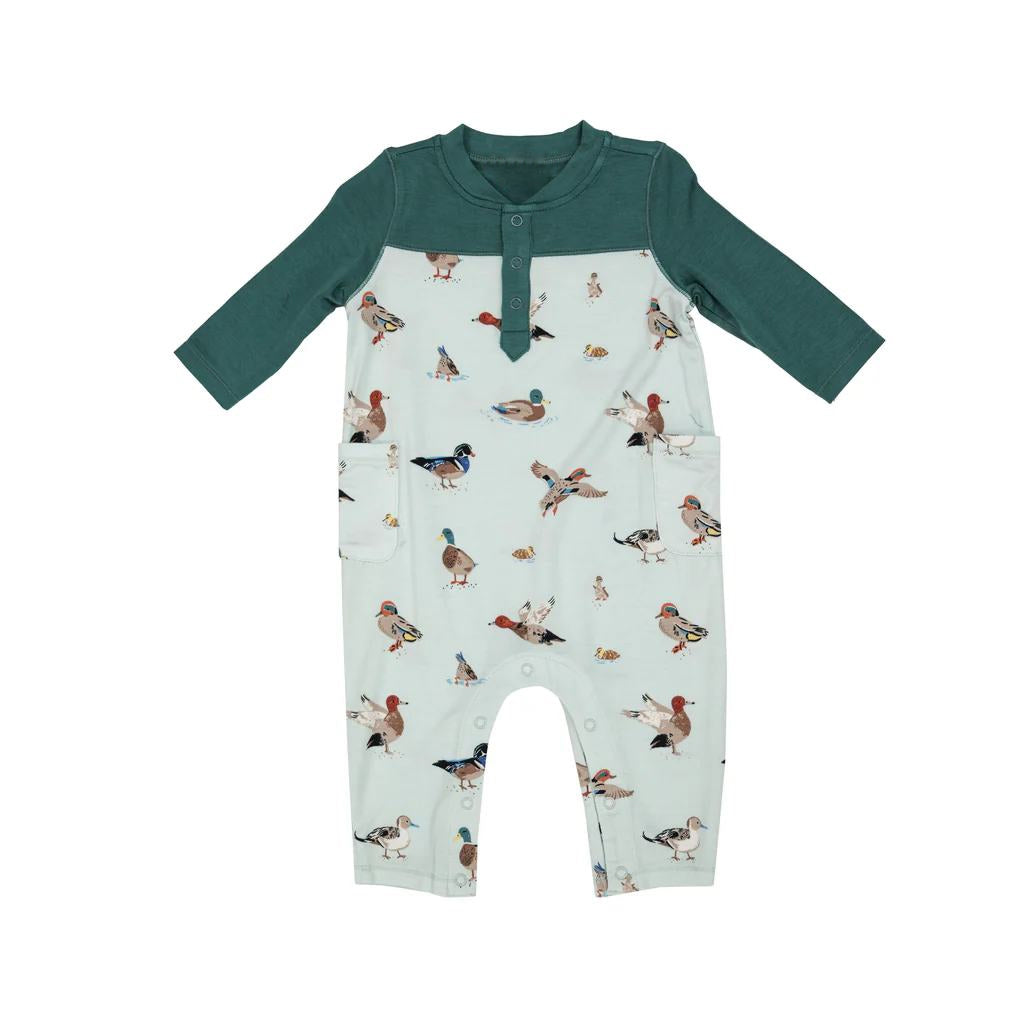 preorder LR1062 mallard duck dark green long sleeve boys romper