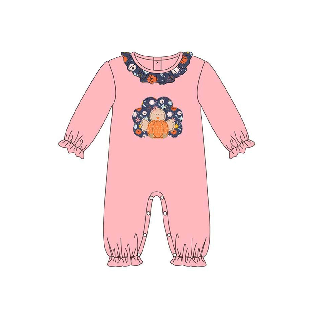 preorder LR1065 Thanksgiving Autumn turkey pumpkin pink long sleeve girls romper
