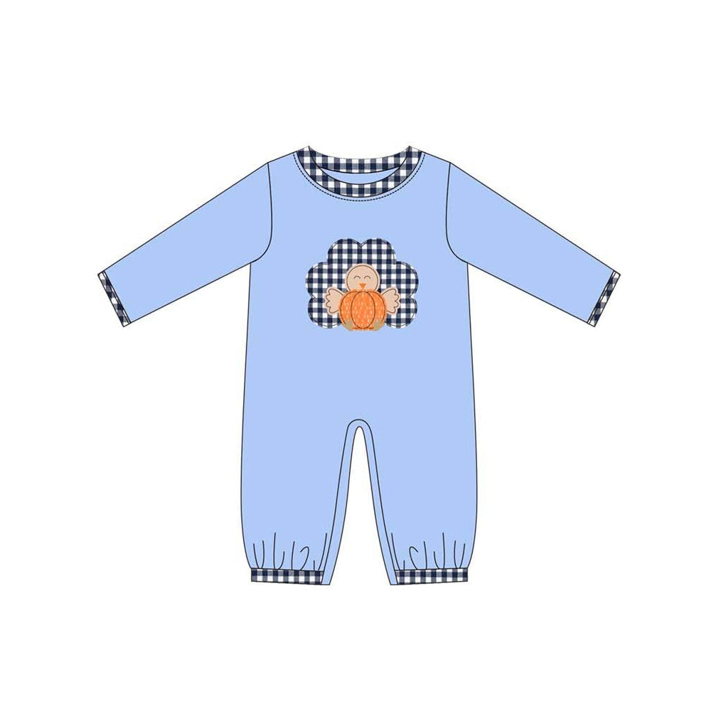 preorder LR1066 Thanksgiving Autumn turkey pumpkin blue long sleeve boys romper