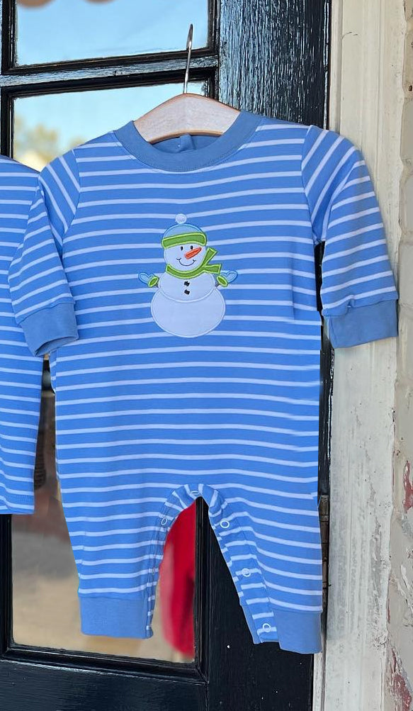 preorder LR1070 Christmas snow man blue striped long long sleeve boys romper