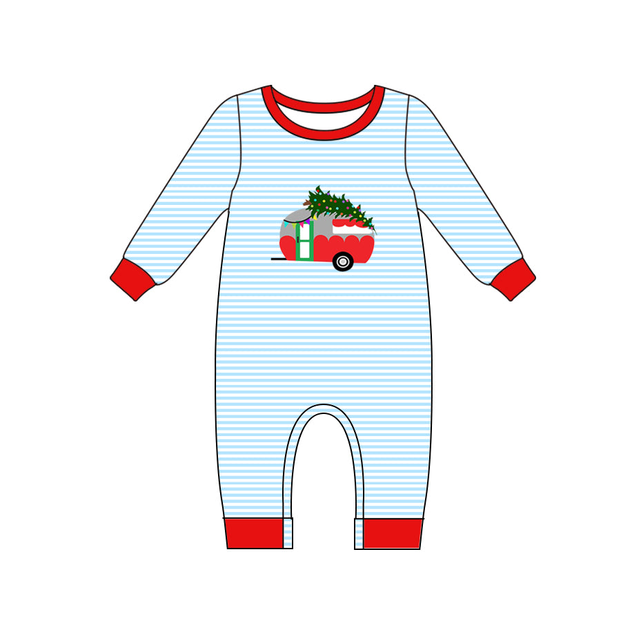 preorder LR1085 Christmas tree bus blue striped long sleeve boys romper