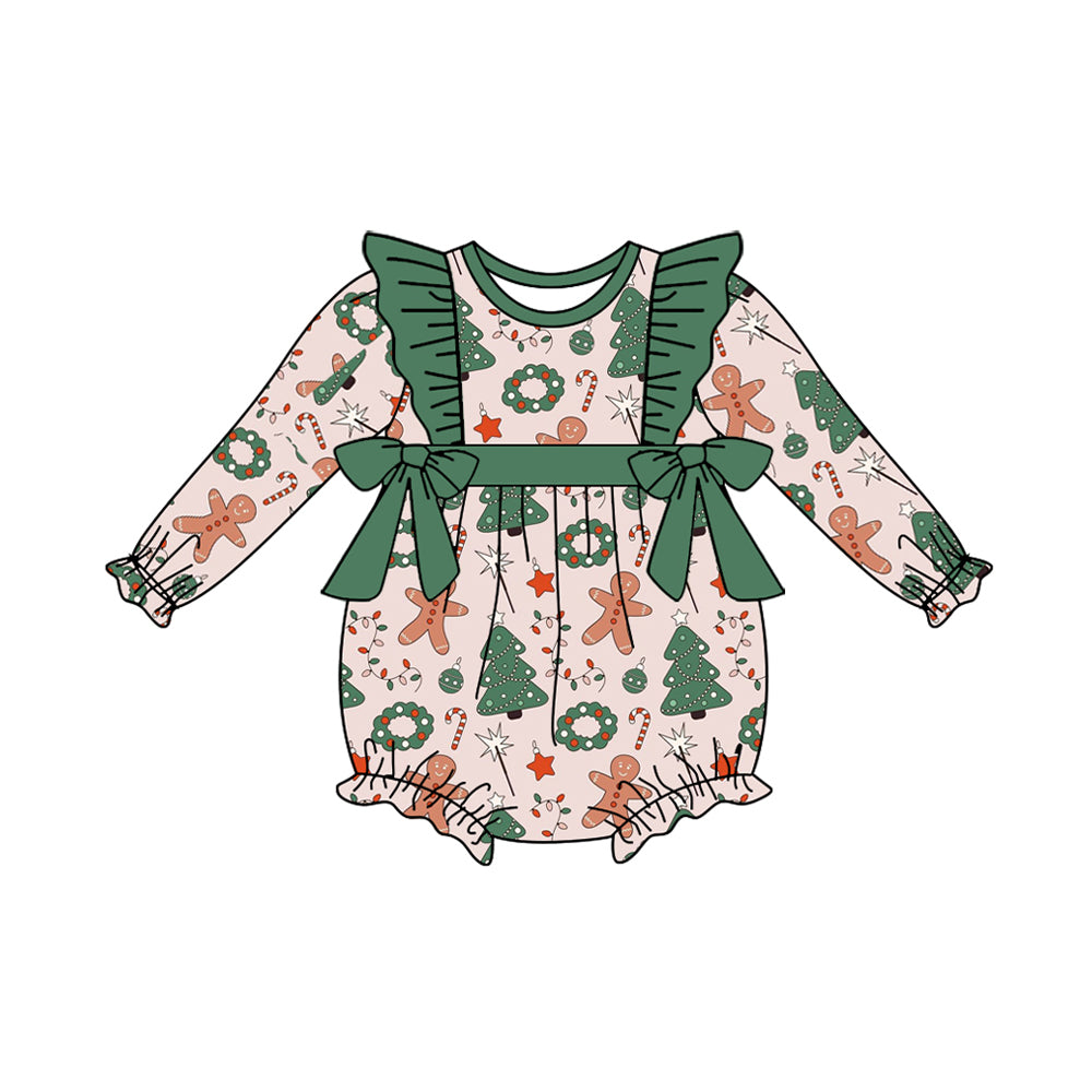 preorder LR1088 Christmas gingerbread man candy tree long sleeve girls romper