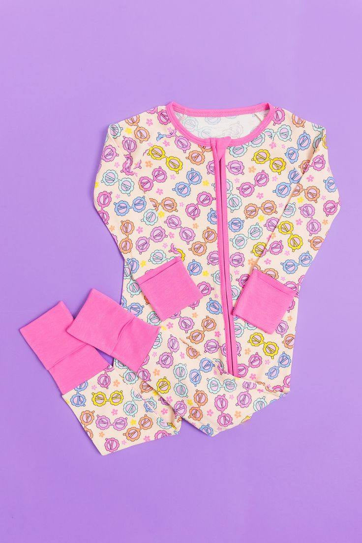 preorder LR1092 colorful glasses pink long sleeve zipper girls romper