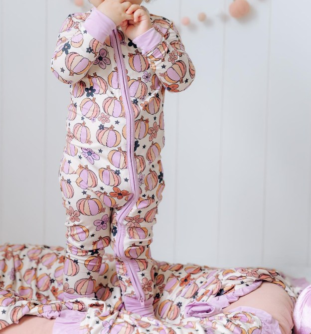 preorder LR1093 on October we are wear pink pumpkin long sleeve zipper girls romper