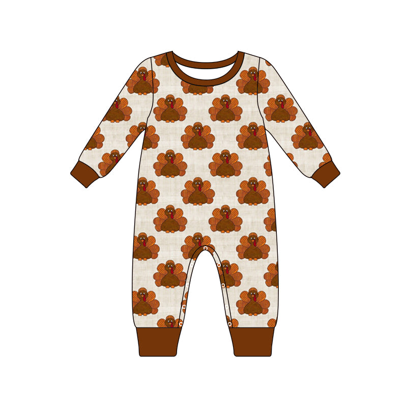 preorder LR1095 Thanksgiving turkey brown long sleeve boys romper