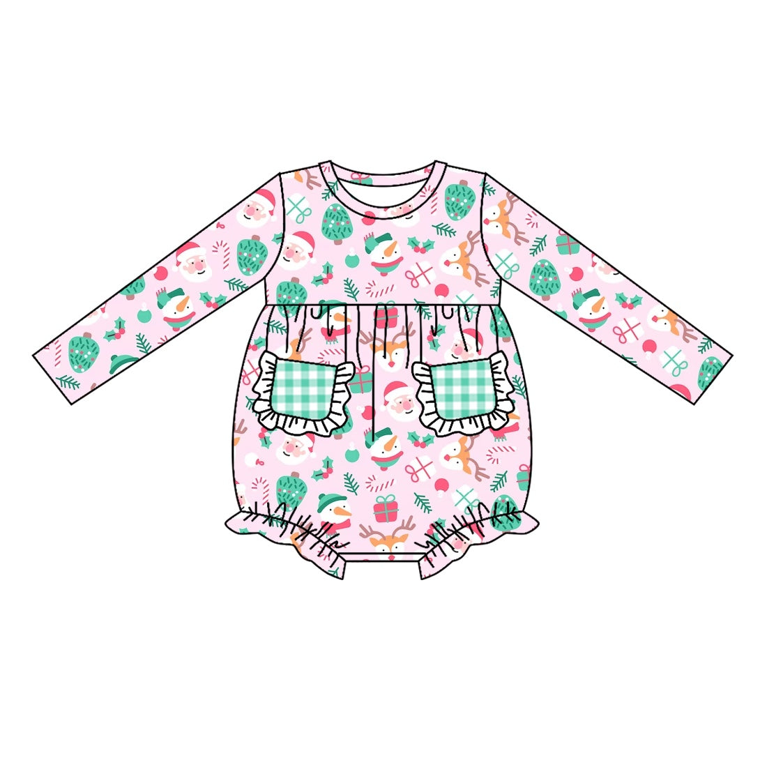 Preorder LR1155 Christmas Santa tree pink pockets long sleeve girls romper