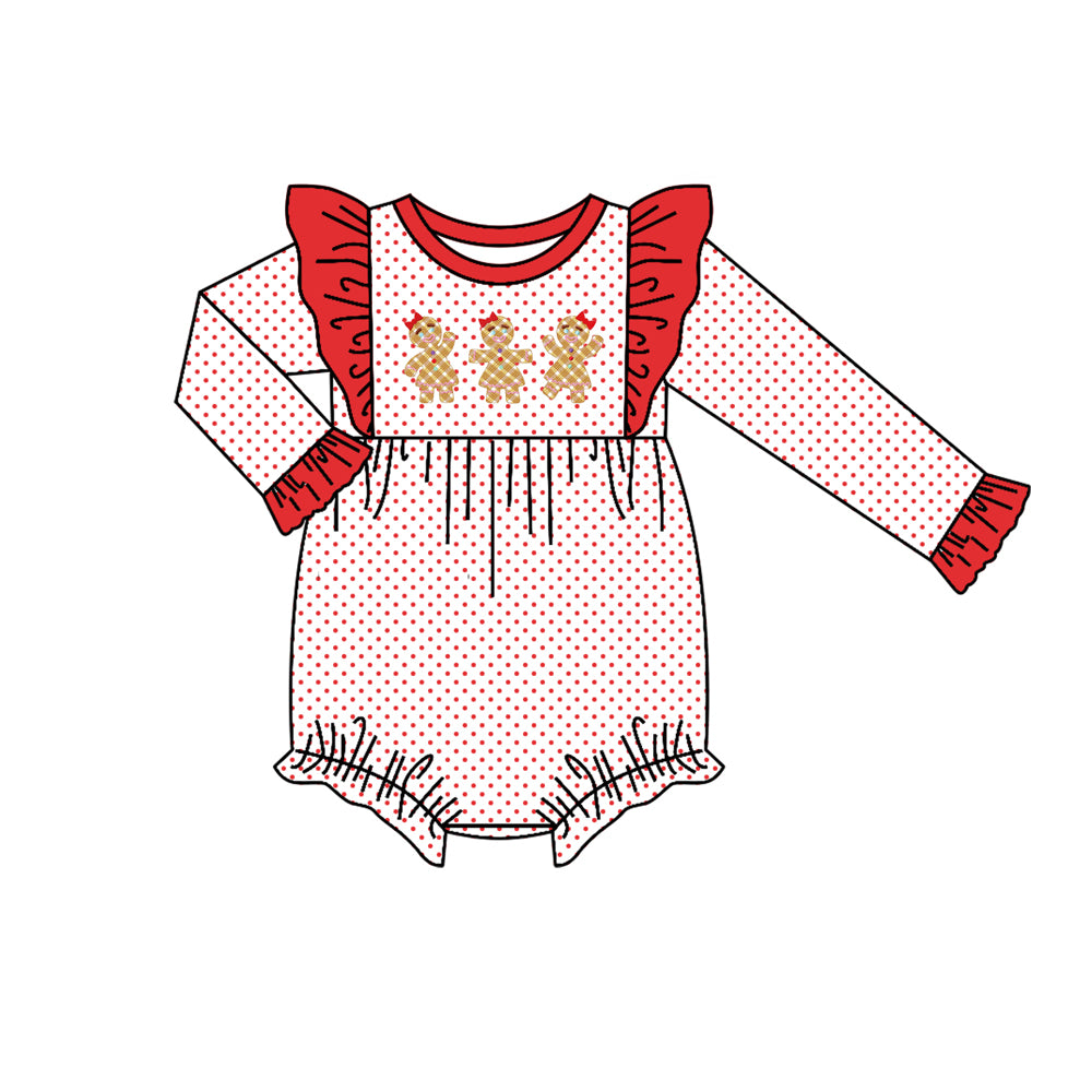 Preorder LR1156 Christmas gingerbread man red dot long sleeve girls romper