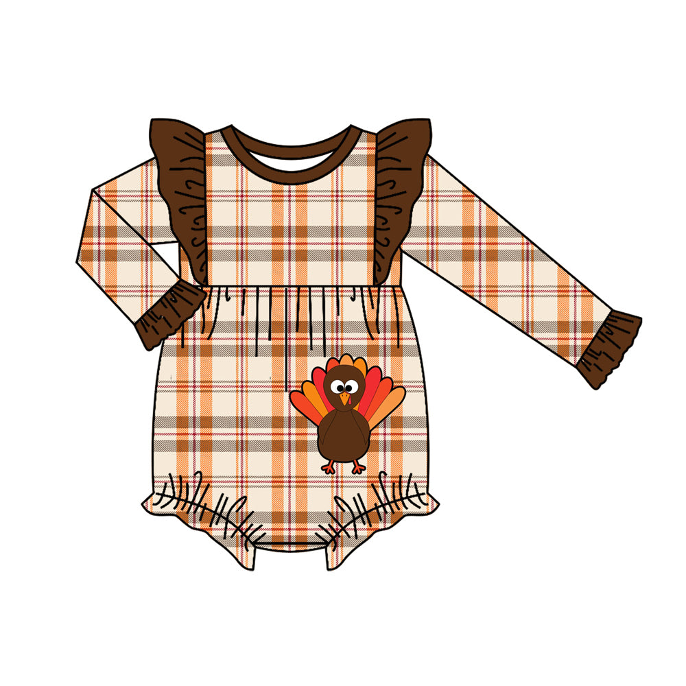 Preorder LR1165 Thanksgiving turkey orange checkered long sleeve girls romper