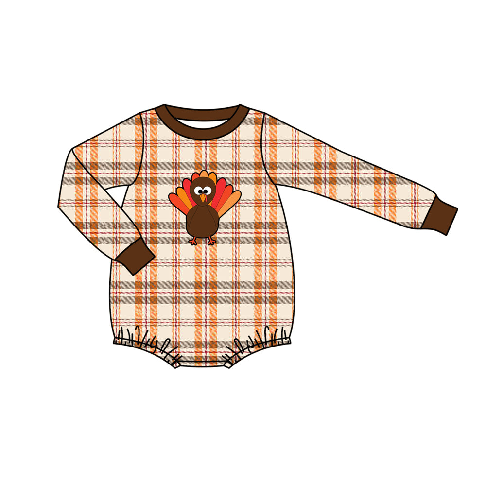 Preorder LR1166 Thanksgiving turkey orange checkered long sleeve boys romper