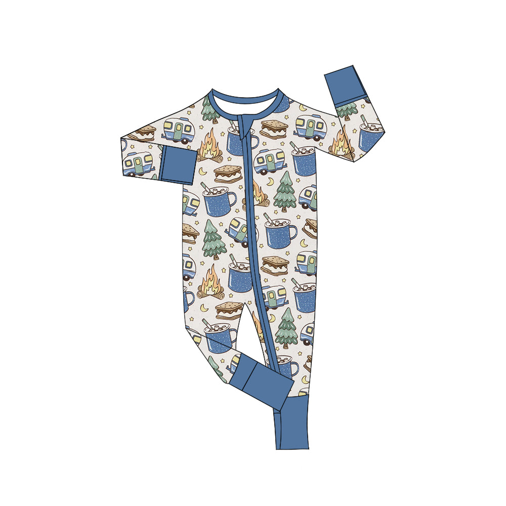 preorder LR1212 camping bus tree fire blue long sleeve boys zipper romper