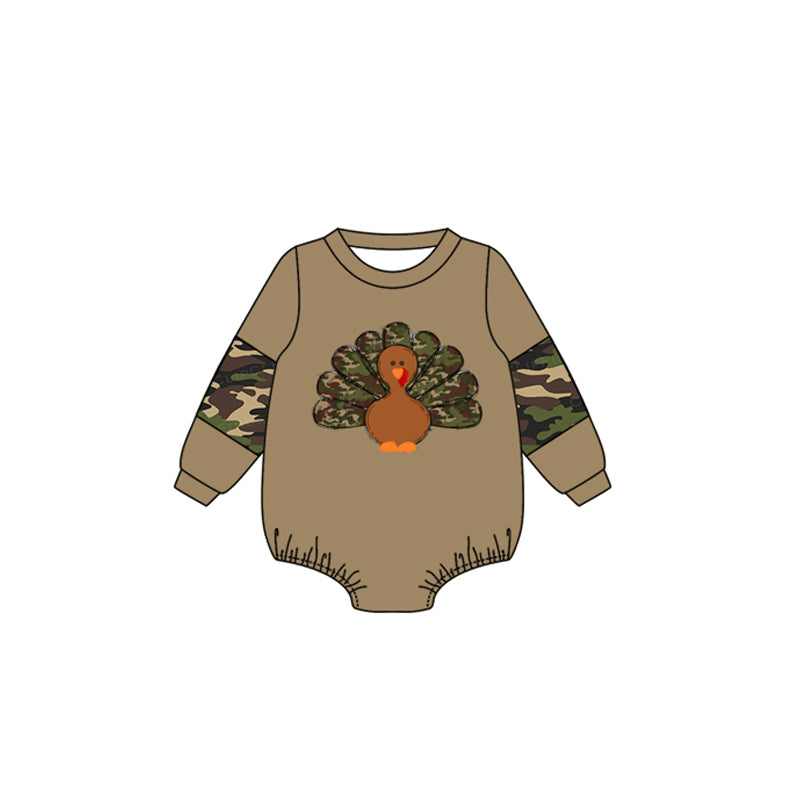 preorder LR1240 Thanksgiving turkey brown camo long sleeve girls romper