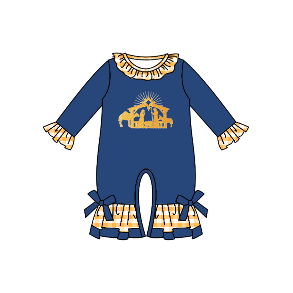 preorder LR1244 The Nativity Story navy blue long sleeve girls romper