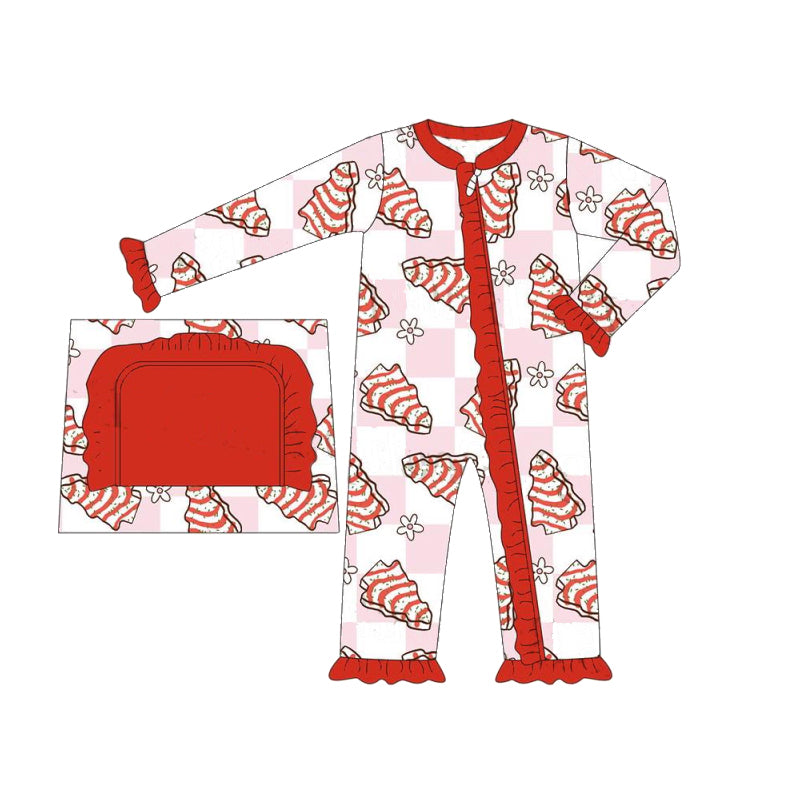 preorder LR1248 Christmas its the season cake pink checkered long sleeve girls zipper romper