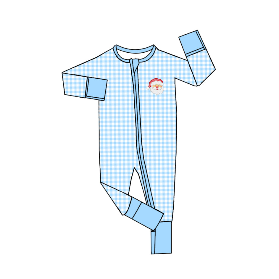 preorder LR1250 Christmas Santa blue checkered long sleeve boys zipper romper