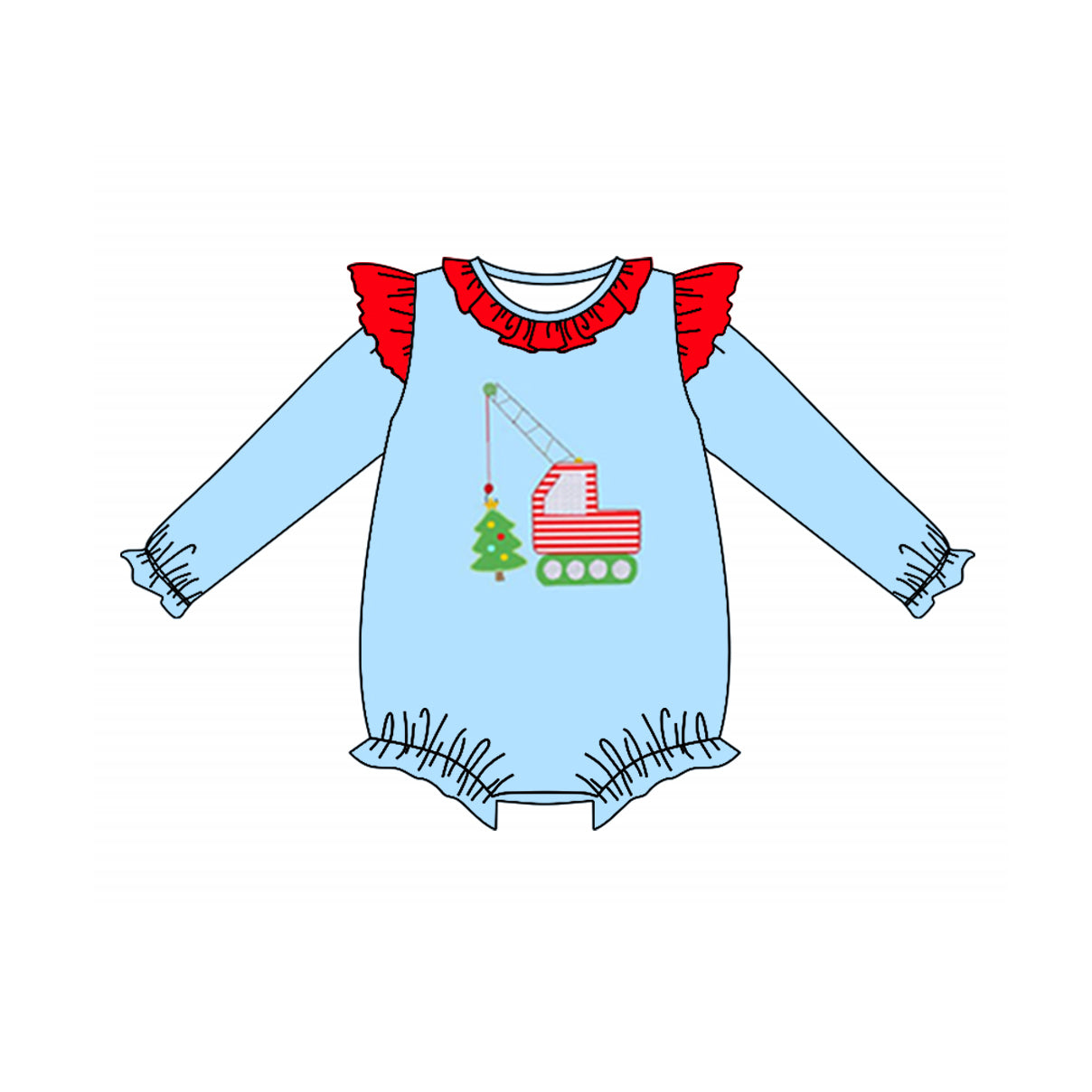 preorder LR1258 Christmas tree construction truck blue long sleeve girls romper