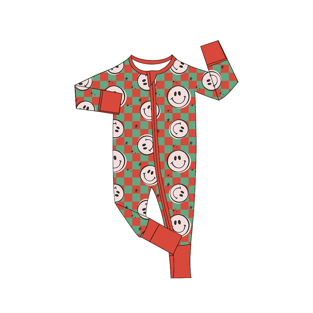 preorder LR1260 Christmas red green checkered smile long sleeve boys zipper romper