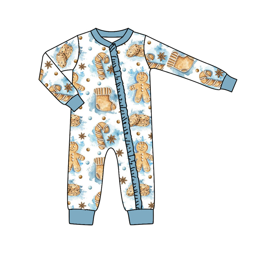 preorder LR1275 Christmas gingerbread man blue long sleeve girls zipper romper