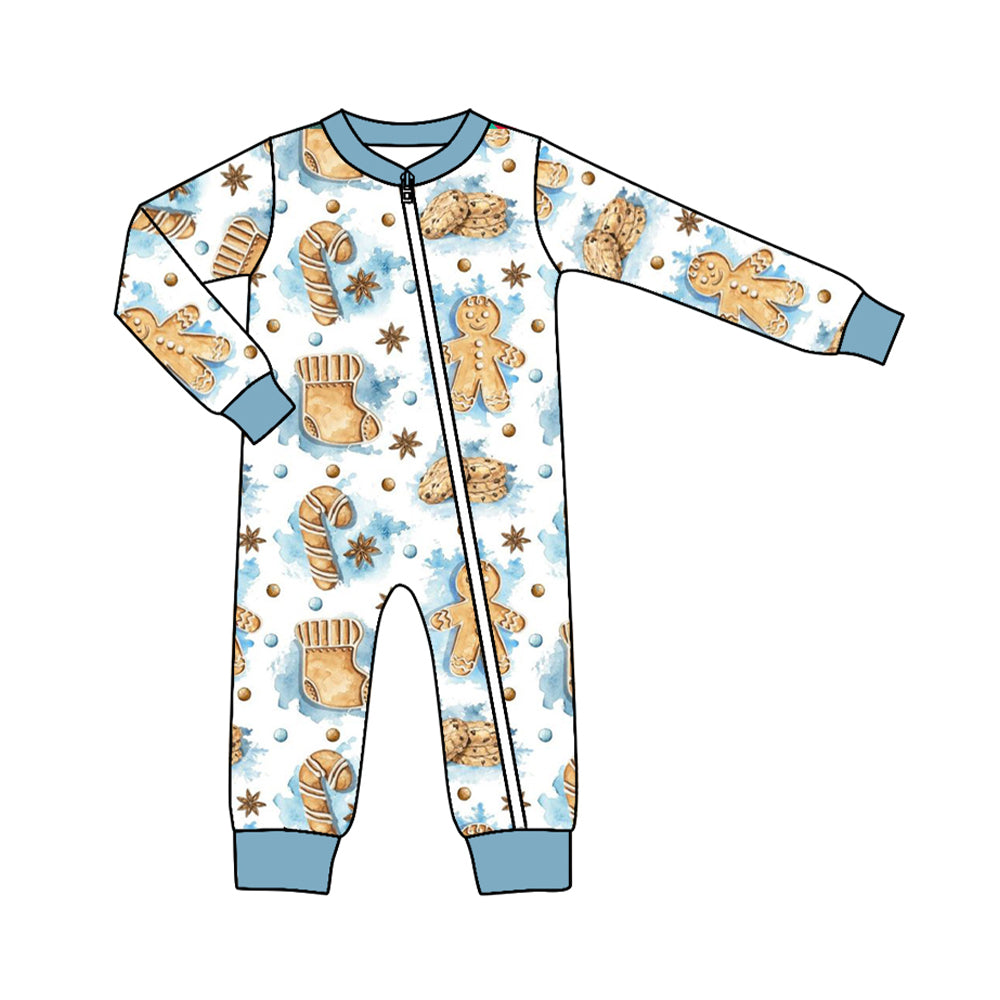 preorder LR1276 Christmas gingerbread man blue long sleeve boys zipper romper