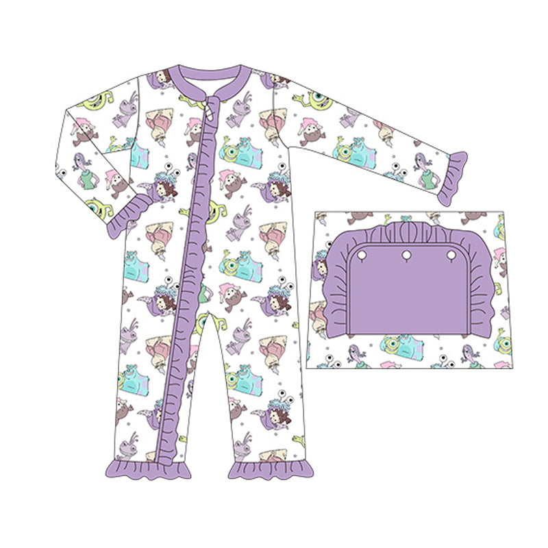 preorder LR1288 cartoon Monster purple long sleeve girls zipper romper