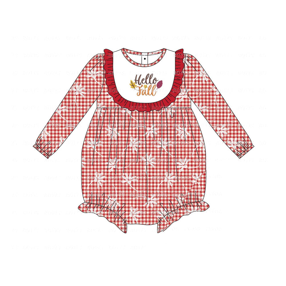 preorder LR1289 hello fall flowers red checkered long sleeve girls romper
