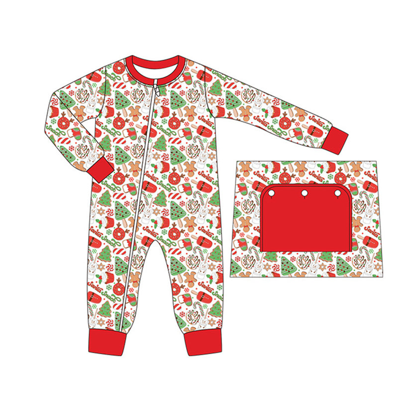 preorder LR1291 Christmas gingerbread man tree red long sleeve zipper boys romper