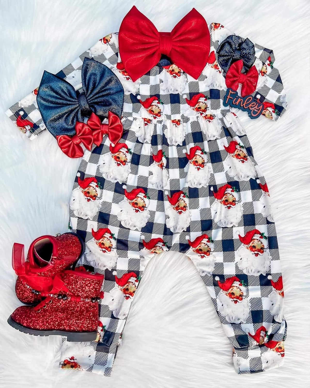 preorder LR1313 Christmas Santa checkered long sleeve girls romper