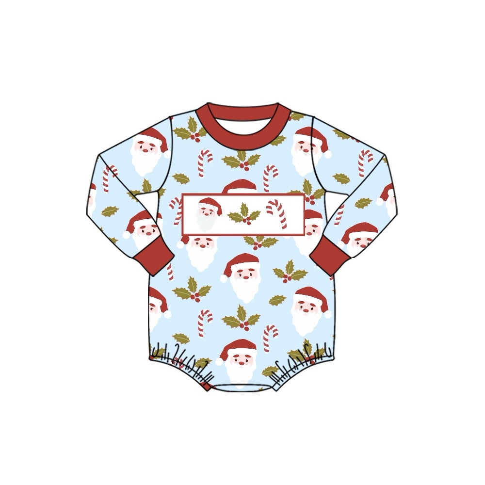 preorder LR1319 Christmas Santa Holly Berry cane candy blue long sleeve boys romper