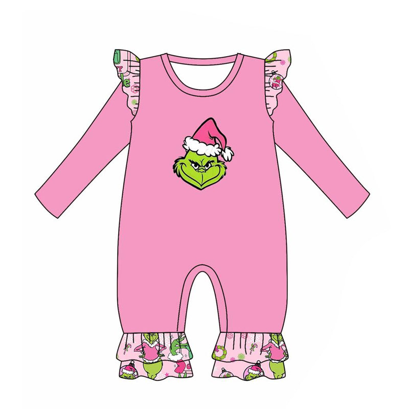 preorder LR1321 Christmas green face pink long sleeve girls romper