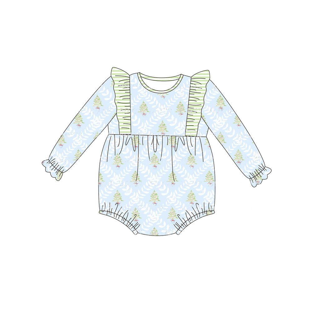 preorder LR1322 Christmas green blue long sleeve girls romper