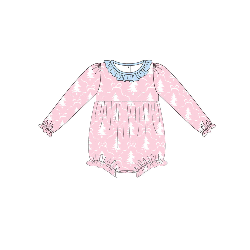 preorder LR1323 Christmas tree bows pink long sleeve girls romper