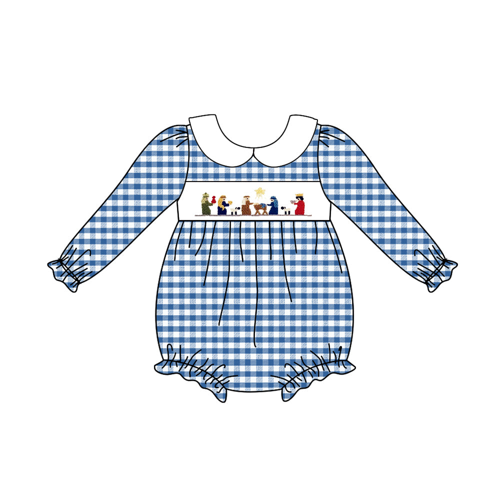 preorder LR1331 The Nativity Story blue checkered long sleeve girls romper